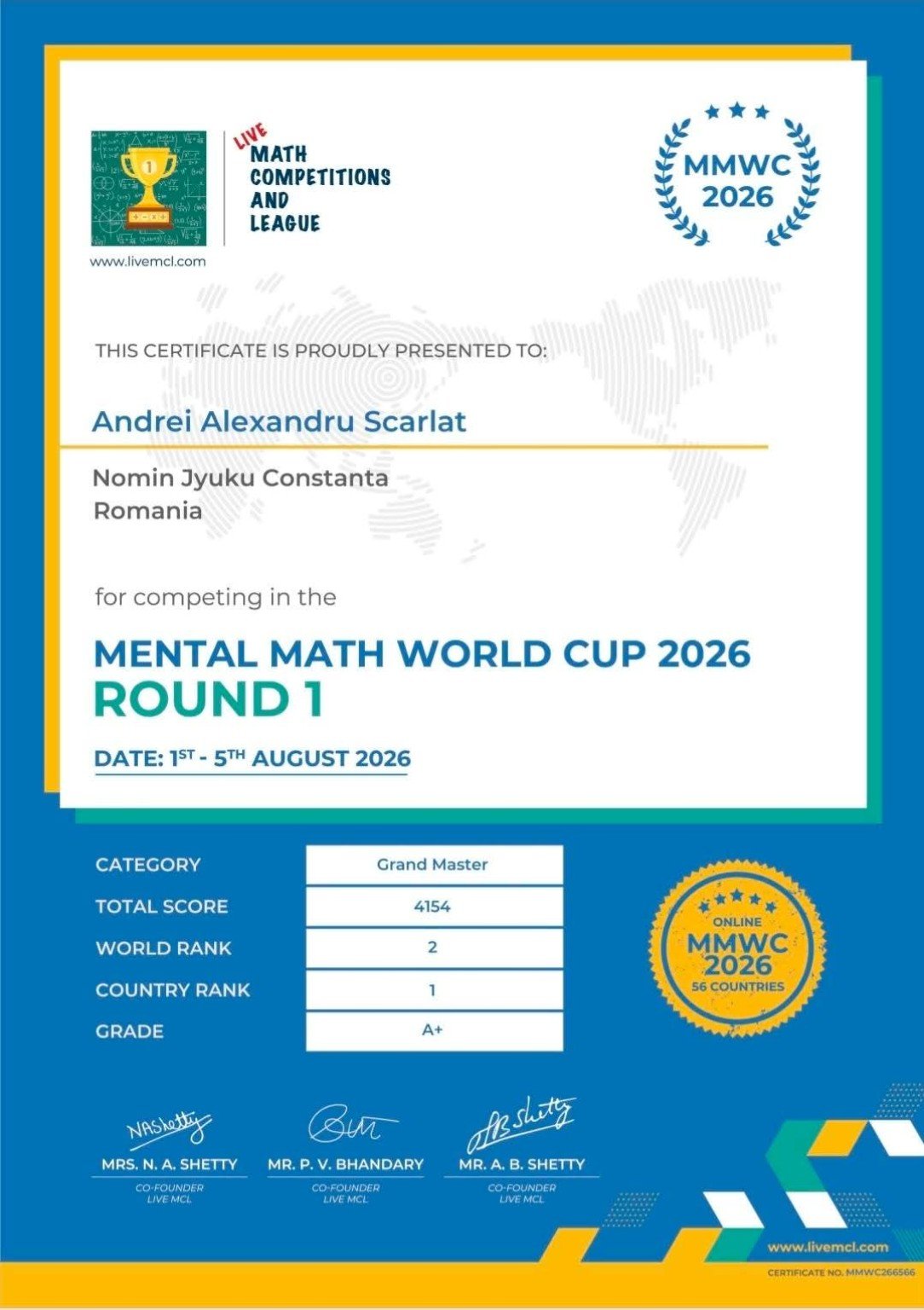 Certificatul Mental Math World Cup 2026, locul 2 mondial